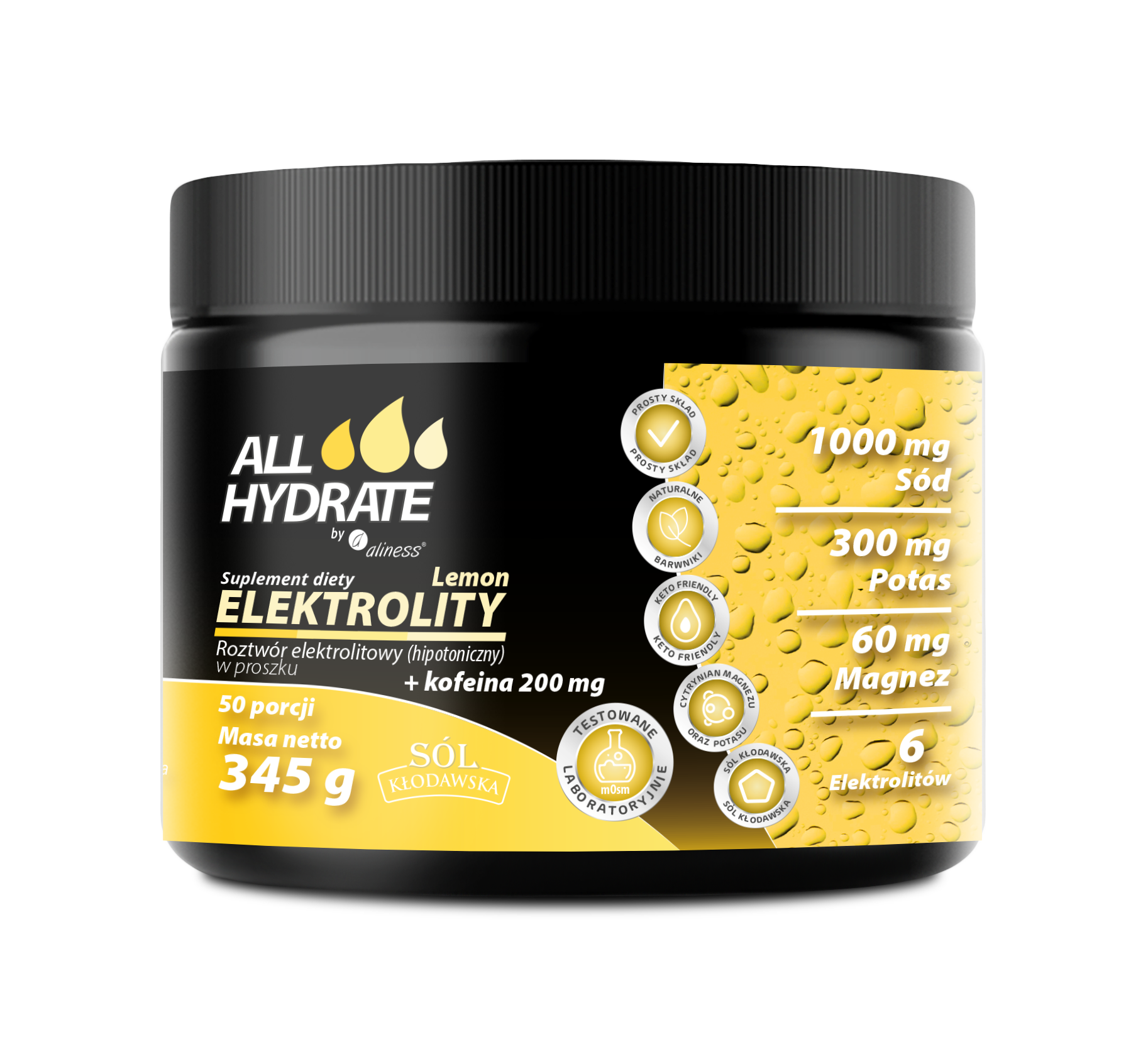ALLHydrate, Elektrolity Lemon + Kofeina 200mg, 345g, 50 porcji